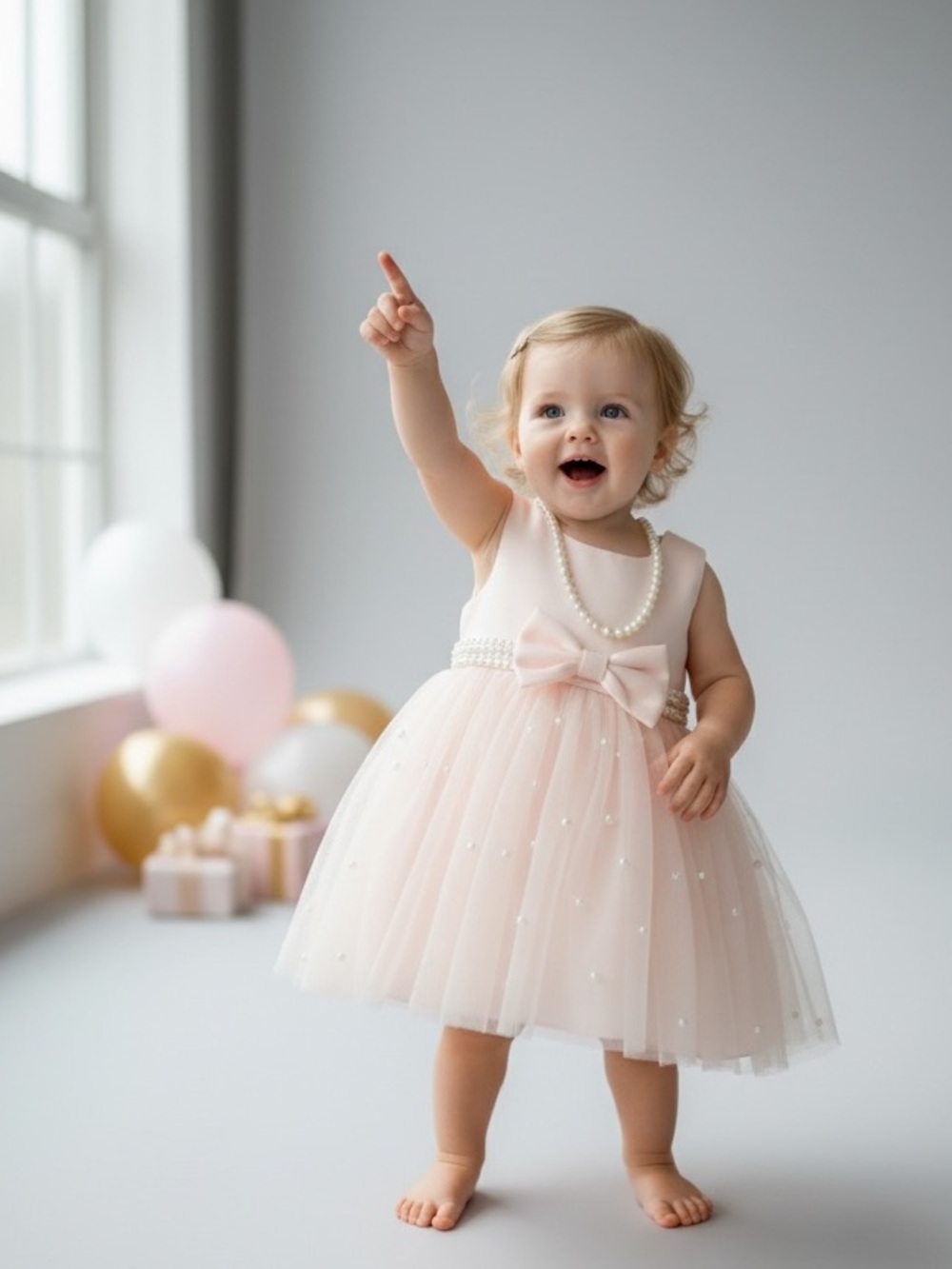Baby Girls Pearl-Accent Pink Tulle Party Dress with Bow